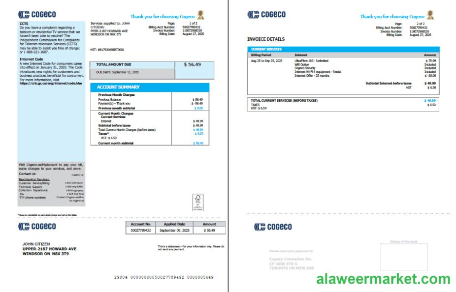 Canada Cogeco utility bill template in Word and PDF formats, 2 pages